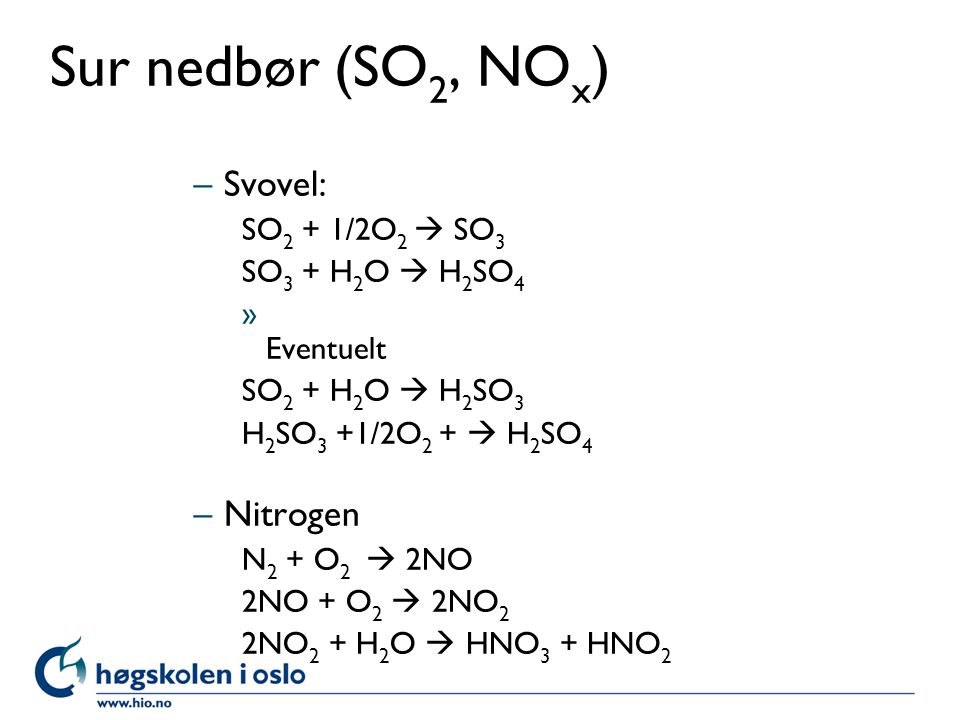 Sur nedbør (SO2, NOx) Svovel: Nitrogen SO2 + 1/2O2  SO3