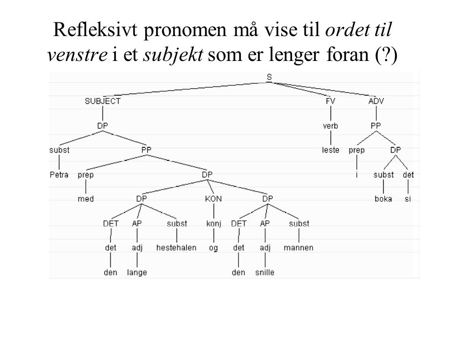 Refleksivt pronomen må vise til ordet til venstre i et subjekt som er lenger foran ( )