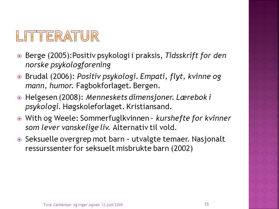 litteratur Berge (2005):Positiv psykologi i praksis, Tidsskrift for den norske psykologforening.