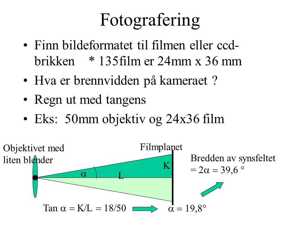 Fotografering Finn bildeformatet til filmen eller ccd-brikken * 135film er 24mm x 36 mm. Hva er brennvidden på kameraet