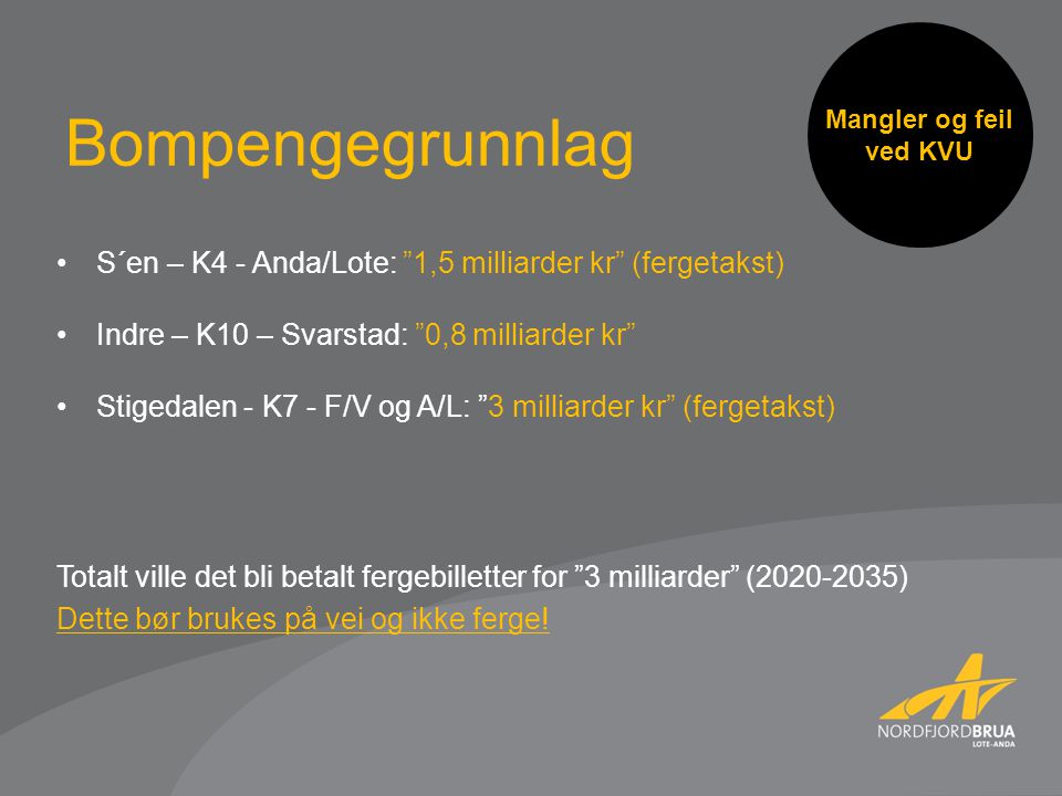 Mangler og feil ved KVU Bompengegrunnlag. S´en – K4 - Anda/Lote: 1,5 milliarder kr (fergetakst)