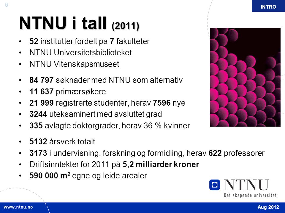 NTNU i tall (2011) 52 institutter fordelt på 7 fakulteter