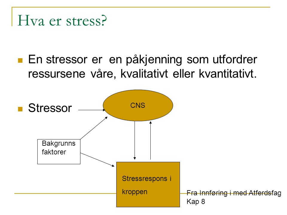 Hva er stress En stressor er en påkjenning som utfordrer ressursene våre, kvalitativt eller kvantitativt.