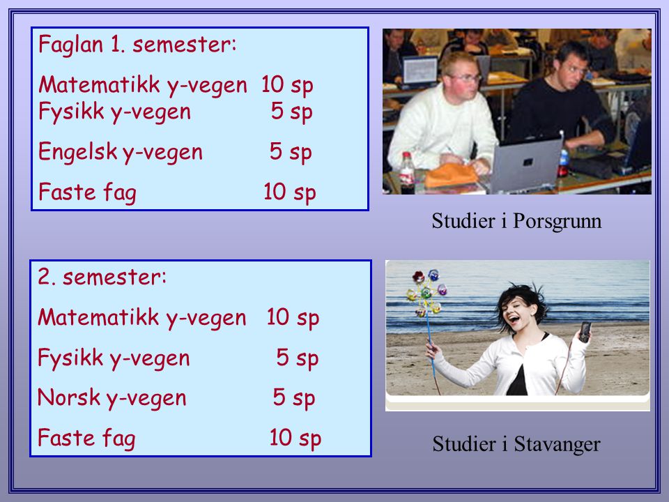 Faglan 1. semester: Matematikk y-vegen 10 sp Fysikk y-vegen 5 sp. Engelsk y-vegen 5 sp.