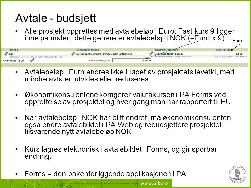 Avtale - budsjett Alle prosjekt opprettes med avtalebeløp i Euro. Fast kurs 9 ligger inne på malen, dette genererer avtalebeløp i NOK (=Euro x 9)