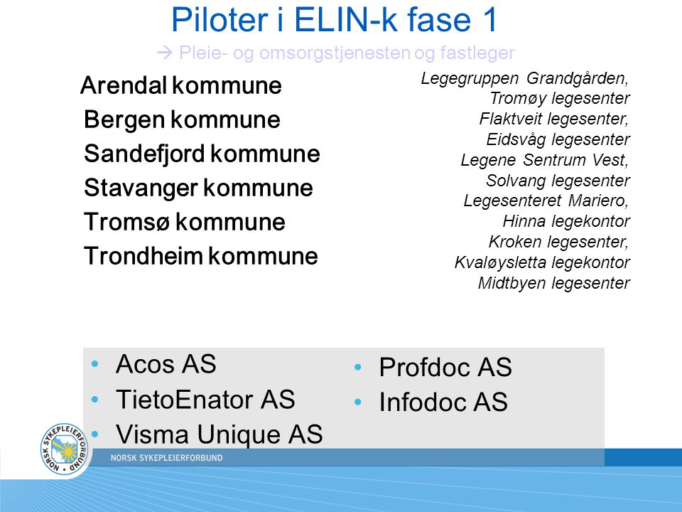 Piloter i ELIN-k fase 1  Pleie- og omsorgstjenesten og fastleger