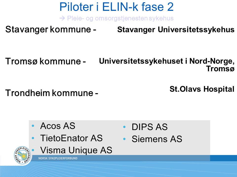 Piloter i ELIN-k fase 2  Pleie- og omsorgstjenesten sykehus
