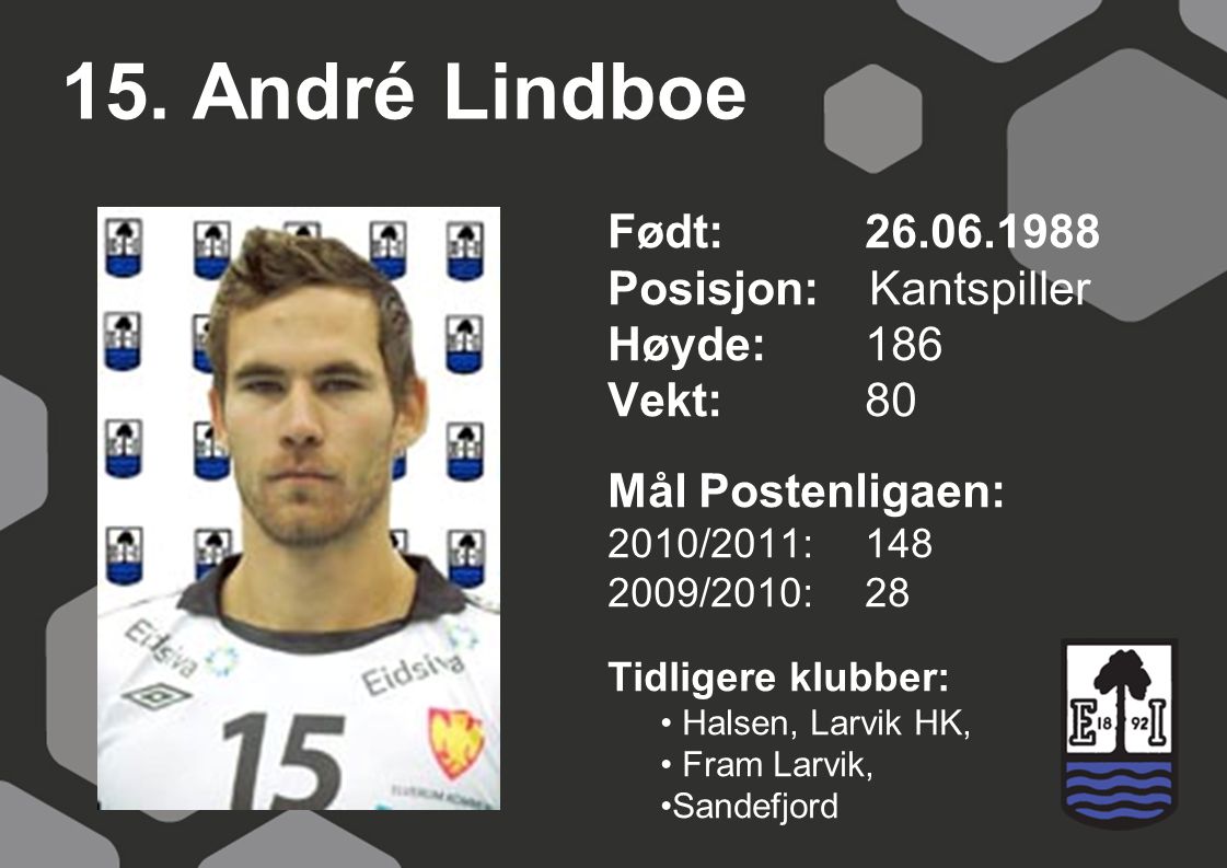 15. André Lindboe Født: Posisjon: Kantspiller Høyde: 186