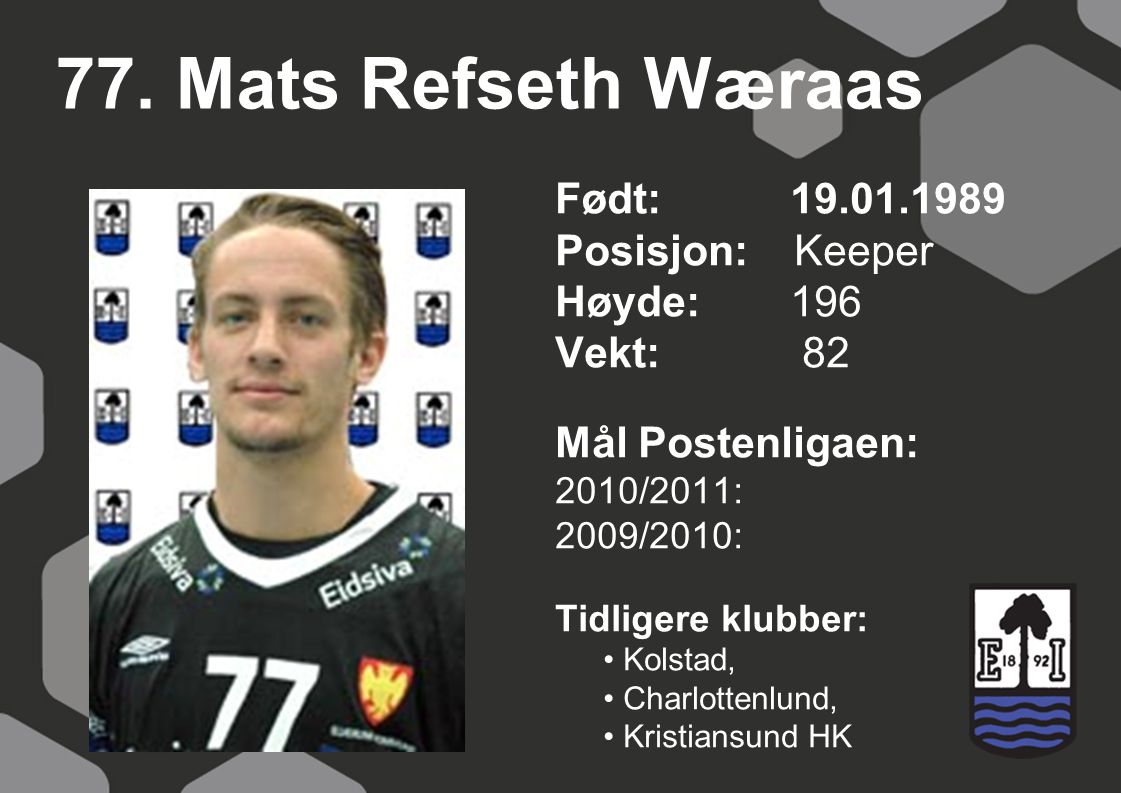 77. Mats Refseth Wæraas Født: Posisjon: Keeper Høyde: 196