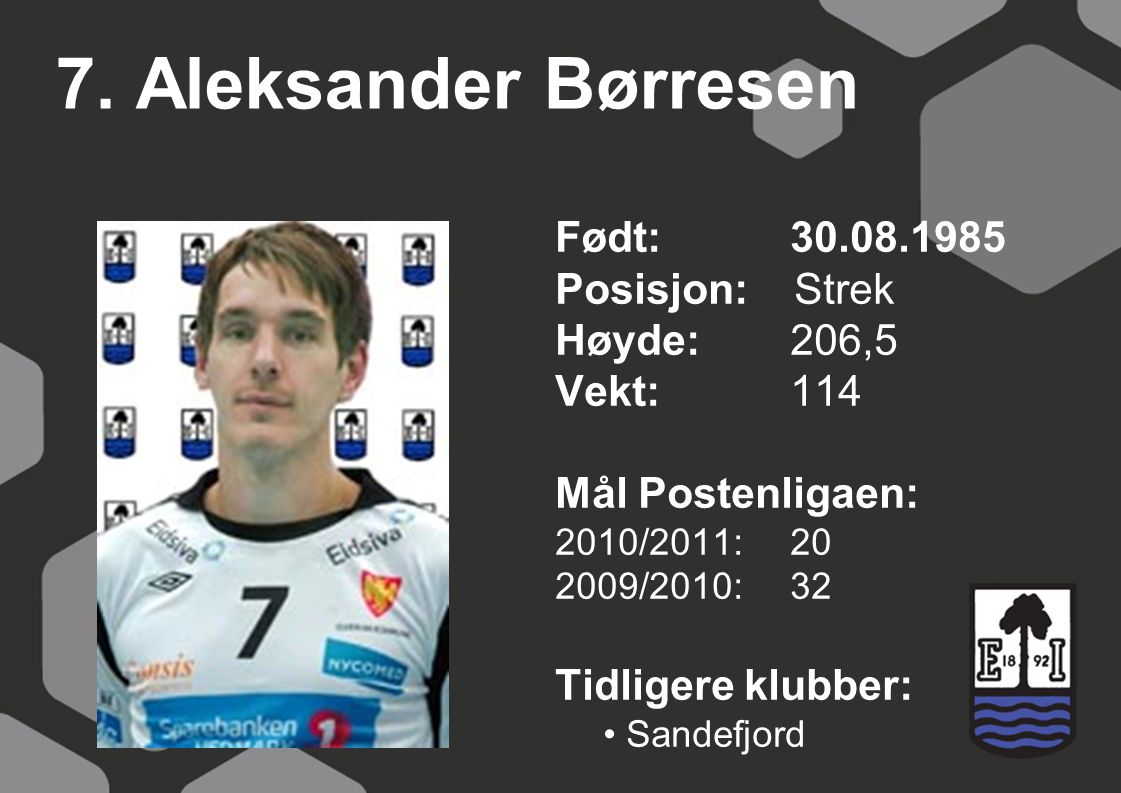 7. Aleksander Børresen Født: Posisjon: Strek Høyde: 206,5