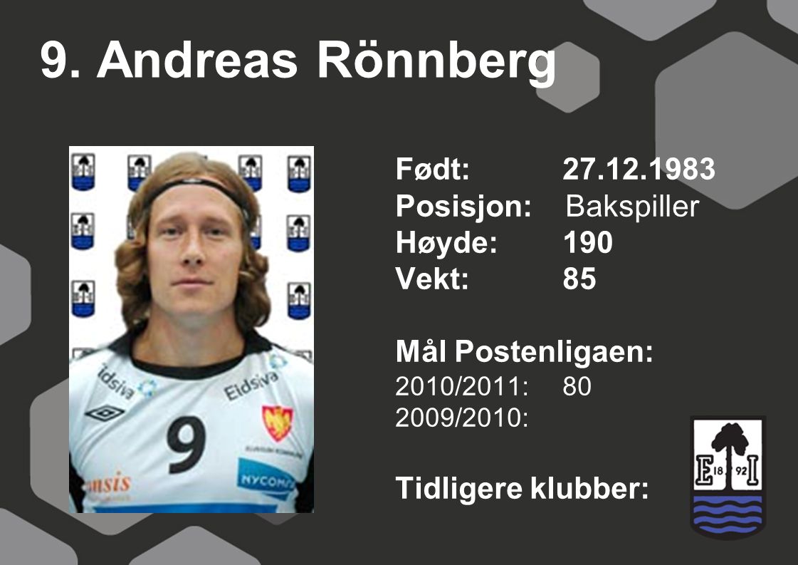 9. Andreas Rönnberg Født: Posisjon: Bakspiller Høyde: 190