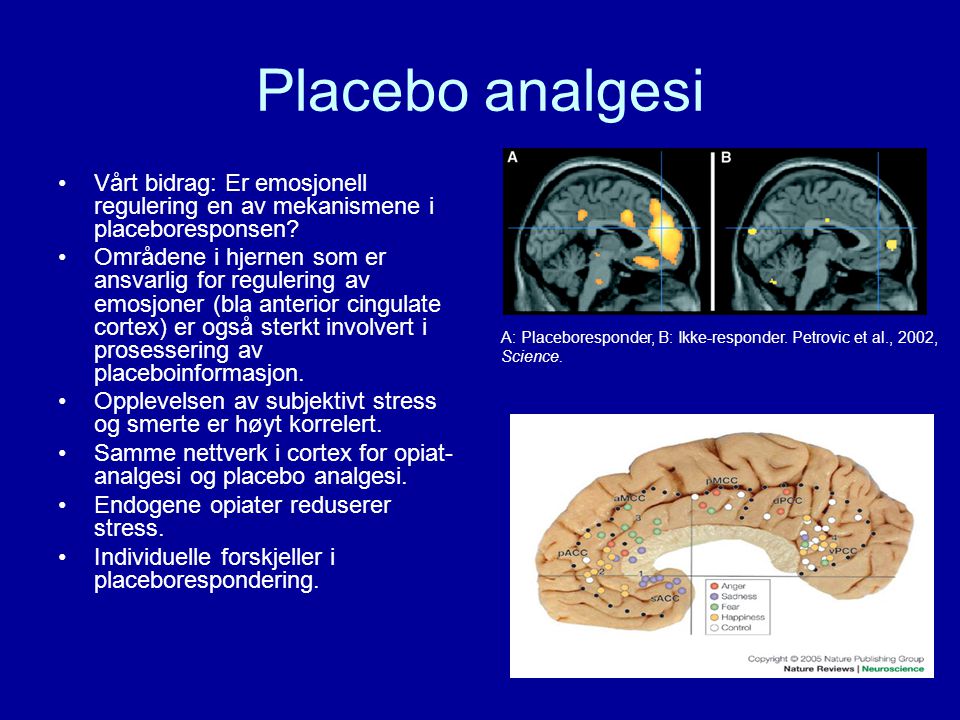 Placebo analgesi Vårt bidrag: Er emosjonell regulering en av mekanismene i placeboresponsen
