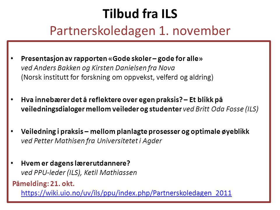 Tilbud fra ILS Partnerskoledagen 1. november