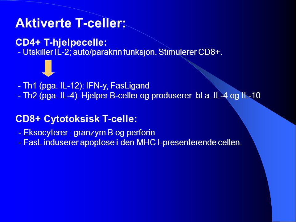 Aktiverte T-celler: CD4+ T-hjelpecelle: CD8+ Cytotoksisk T-celle: