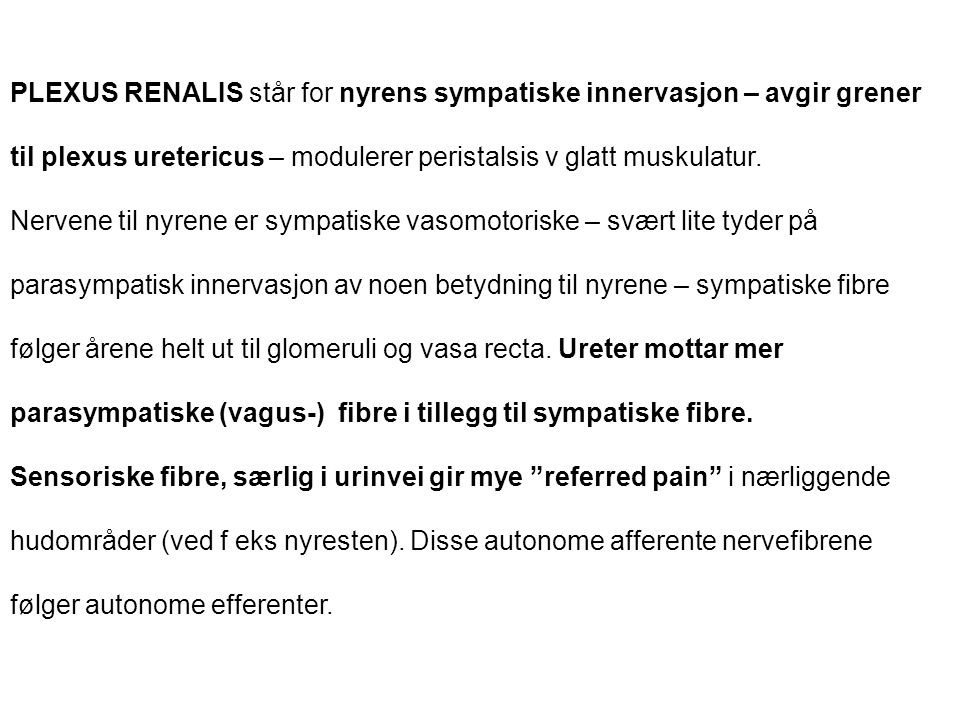 PLEXUS RENALIS står for nyrens sympatiske innervasjon – avgir grener