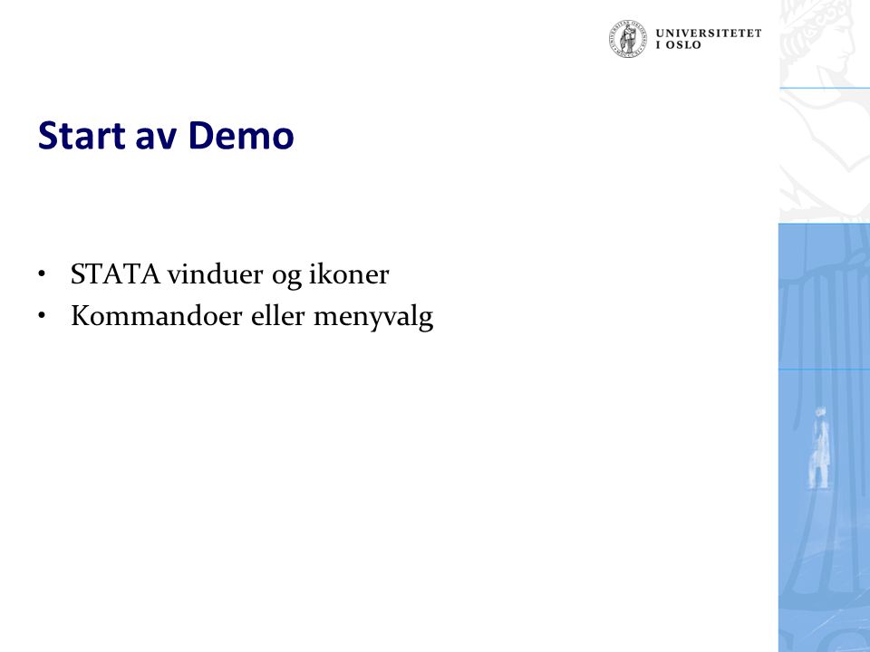 Start av Demo STATA vinduer og ikoner Kommandoer eller menyvalg