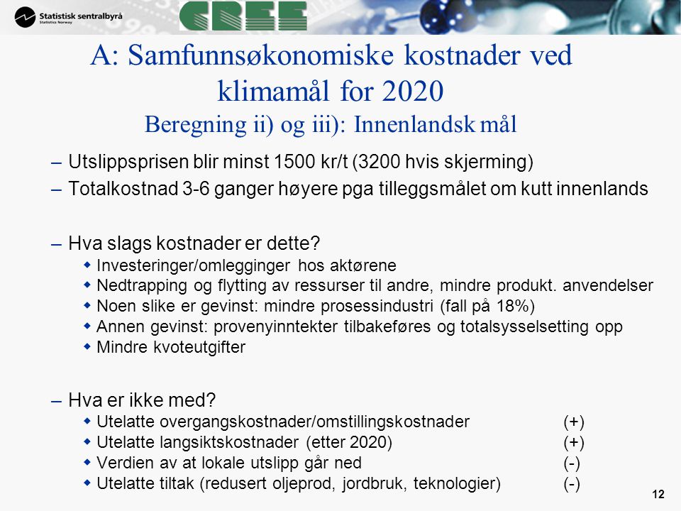 A: Samfunnsøkonomiske kostnader ved klimamål for 2020 Beregning ii) og iii): Innenlandsk mål