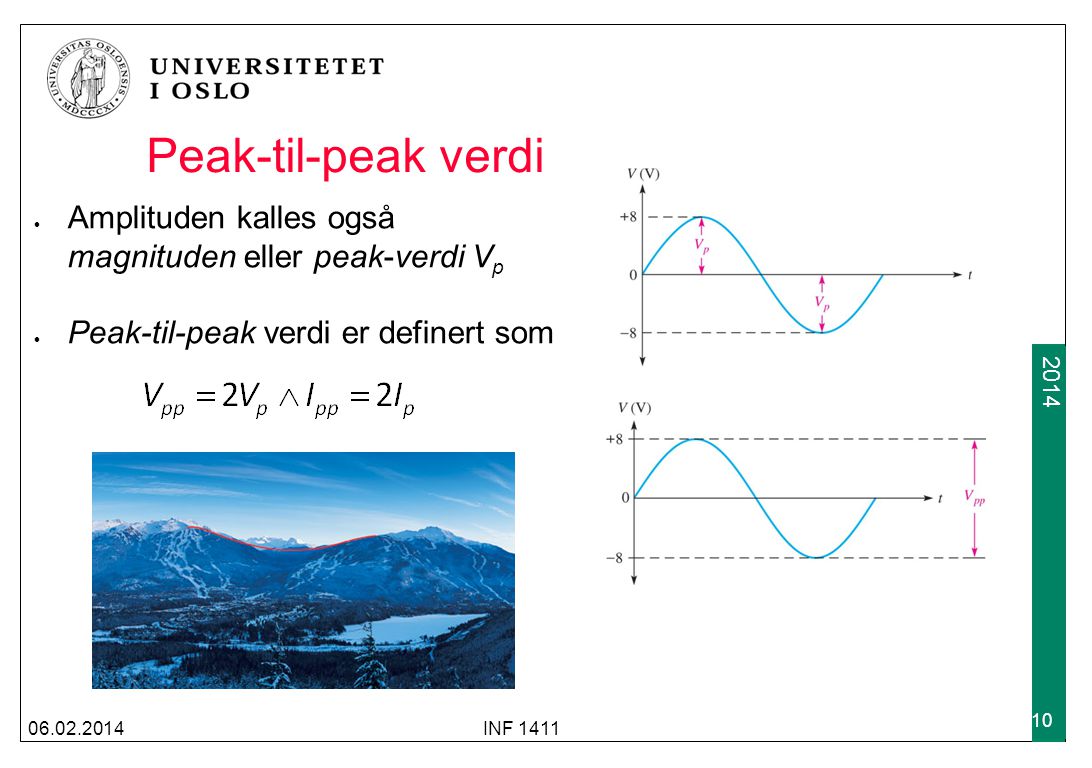 Peak-til-peak verdi Amplituden kalles også magnituden eller peak-verdi Vp. Peak-til-peak verdi er definert som.