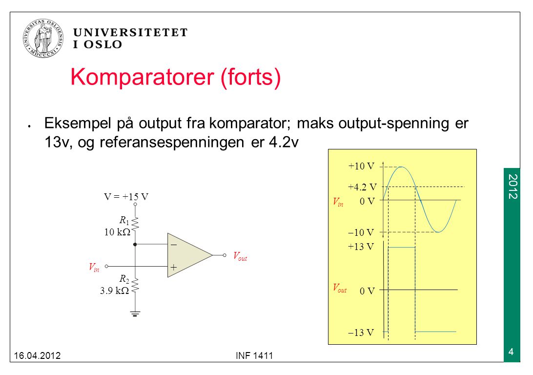 Komparatorer (forts) Eksempel på output fra komparator; maks output-spenning er 13v, og referansespenningen er 4.2v.