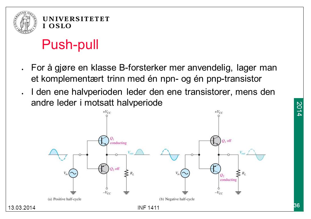 Push-pull For å gjøre en klasse B-forsterker mer anvendelig, lager man et komplementært trinn med én npn- og én pnp-transistor.