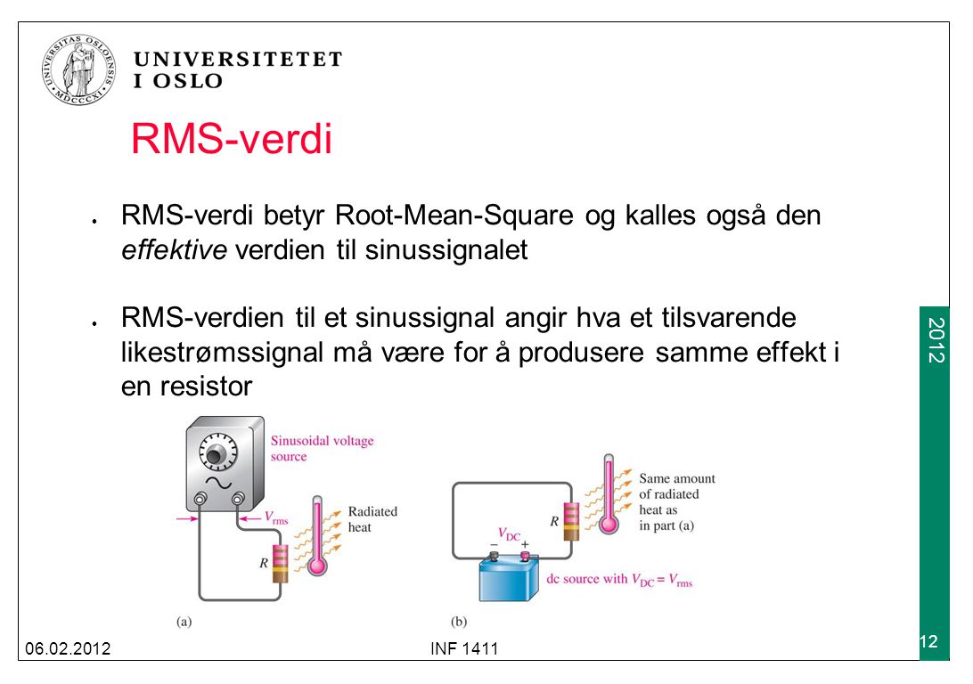 RMS-verdi RMS-verdi betyr Root-Mean-Square og kalles også den effektive verdien til sinussignalet.