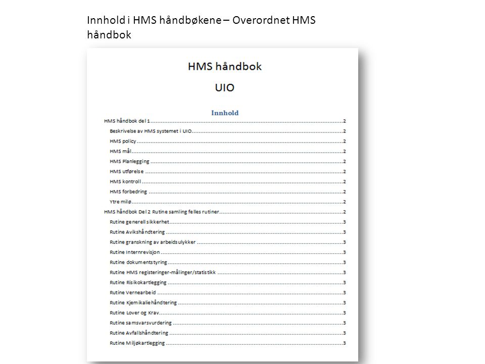 Innhold i HMS håndbøkene – Overordnet HMS håndbok