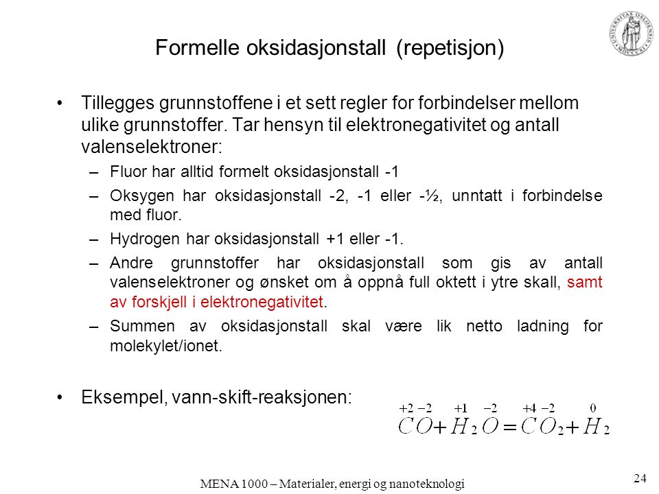 Formelle oksidasjonstall (repetisjon)