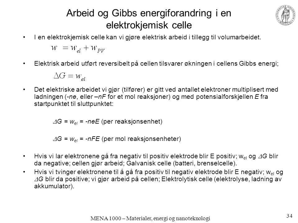 Arbeid og Gibbs energiforandring i en elektrokjemisk celle
