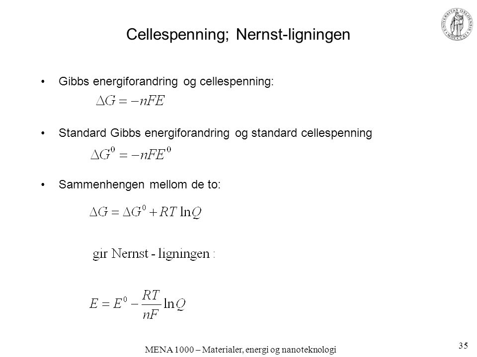 Cellespenning; Nernst-ligningen