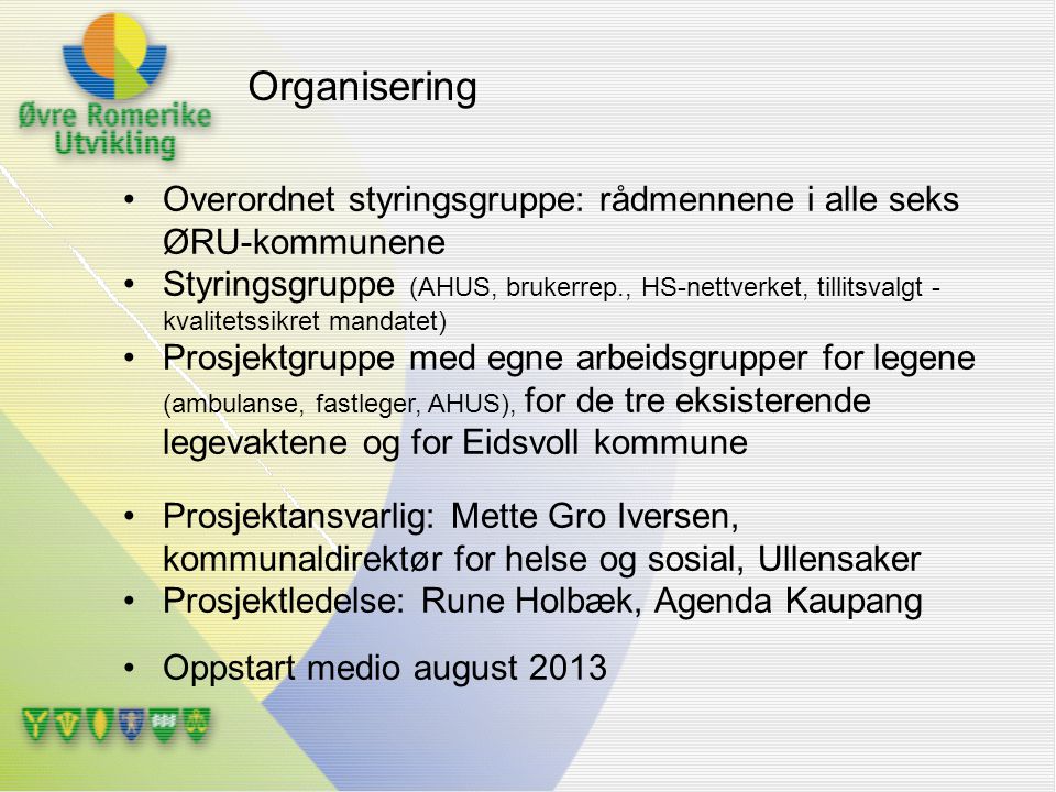 Organisering Overordnet styringsgruppe: rådmennene i alle seks ØRU-kommunene.