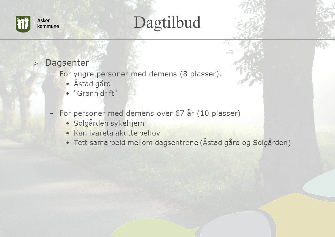 Dagtilbud Dagsenter For yngre personer med demens (8 plasser).
