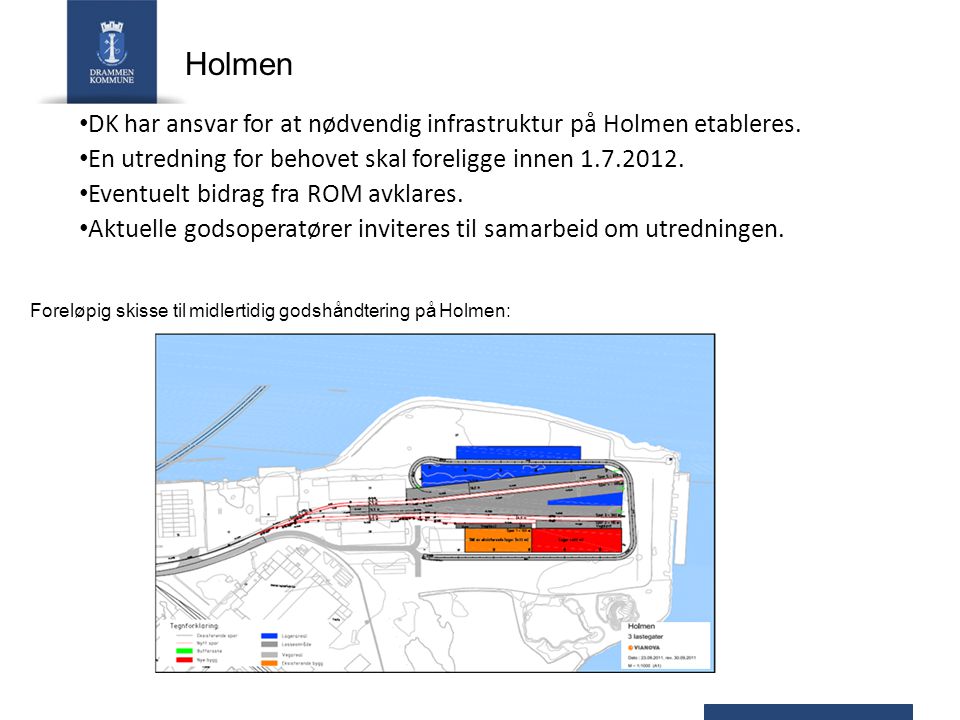 Holmen DK har ansvar for at nødvendig infrastruktur på Holmen etableres. En utredning for behovet skal foreligge innen