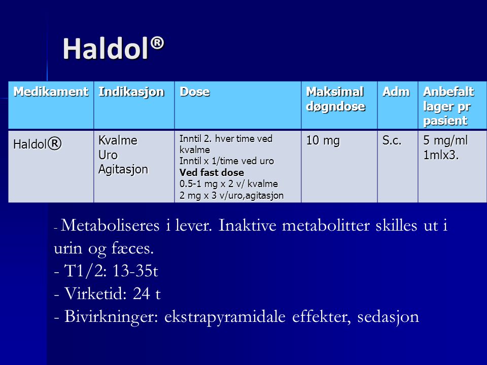 Haldol® T1/2: 13-35t Virketid: 24 t