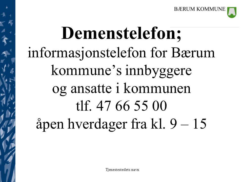 Demenstelefon; informasjonstelefon for Bærum kommune’s innbyggere og ansatte i kommunen tlf.