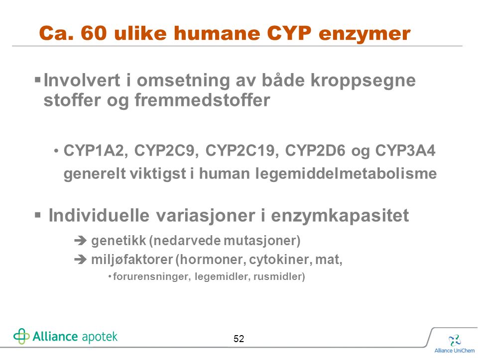 Ca. 60 ulike humane CYP enzymer