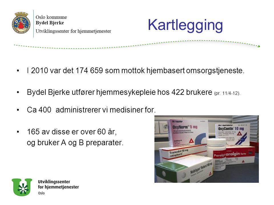 Kartlegging I 2010 var det som mottok hjembasert omsorgstjeneste. Bydel Bjerke utfører hjemmesykepleie hos 422 brukere (pr. 11/4-12).