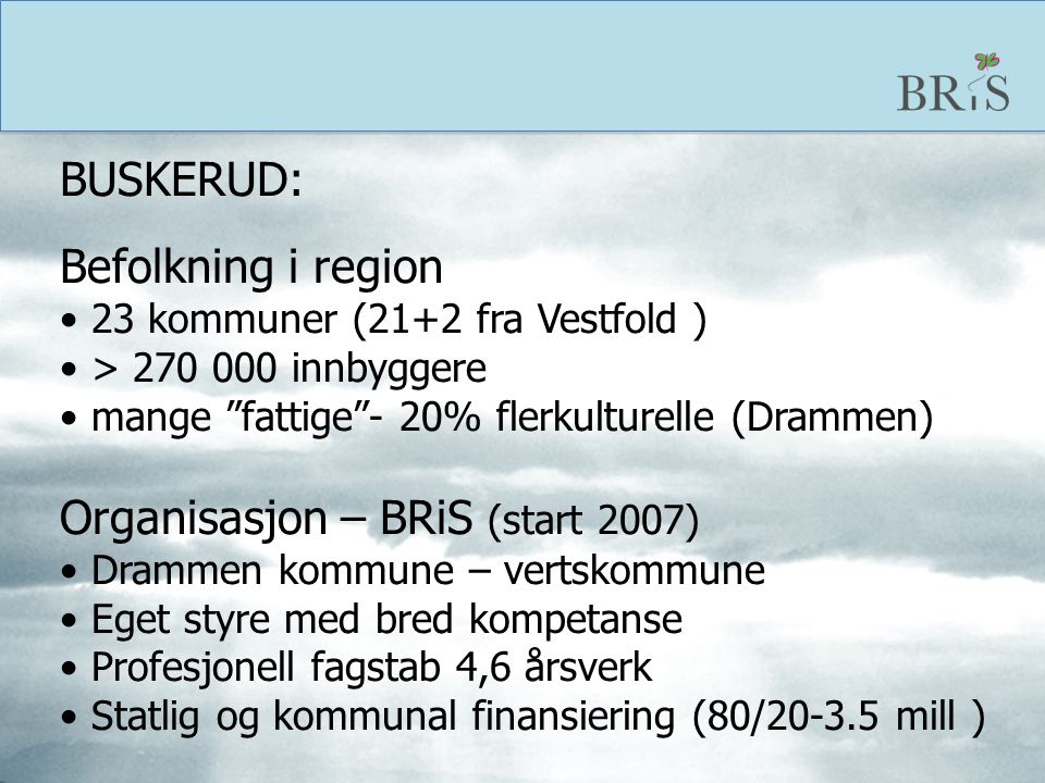 BUSKERUD: Befolkning i region. 23 kommuner (21+2 fra Vestfold ) > innbyggere. mange fattige - 20% flerkulturelle (Drammen)