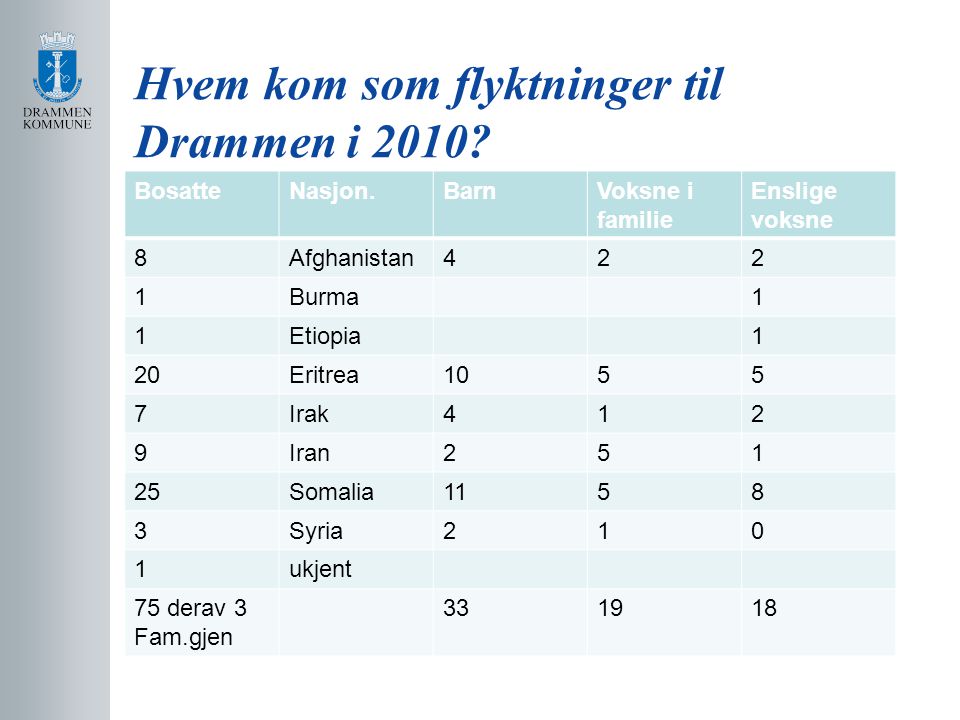 Hvem kom som flyktninger til Drammen i 2010