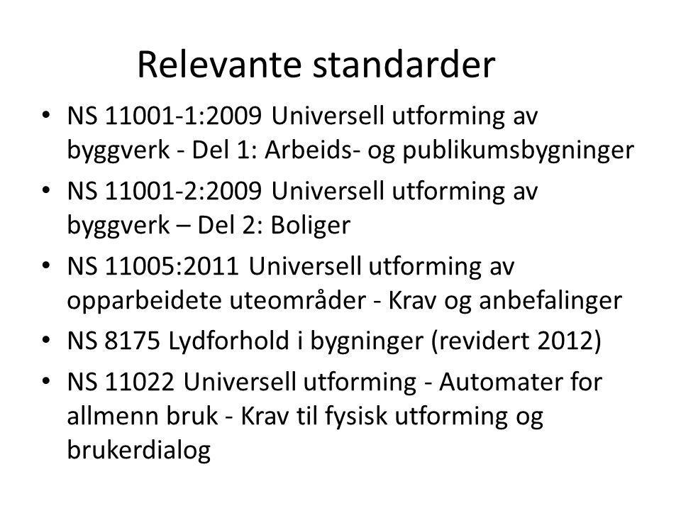 Relevante standarder NS :2009 Universell utforming av byggverk - Del 1: Arbeids- og publikumsbygninger.