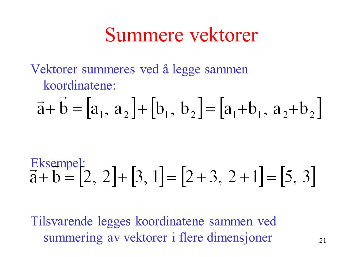 Summere vektorer Vektorer summeres ved å legge sammen koordinatene:
