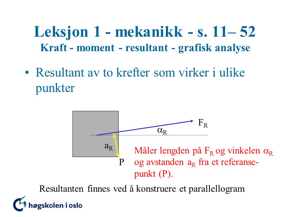Leksjon 1 - mekanikk - s. 11– 52 Kraft - moment - resultant - grafisk analyse