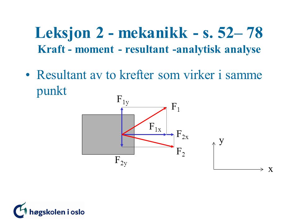 Leksjon 2 - mekanikk - s. 52– 78 Kraft - moment - resultant -analytisk analyse