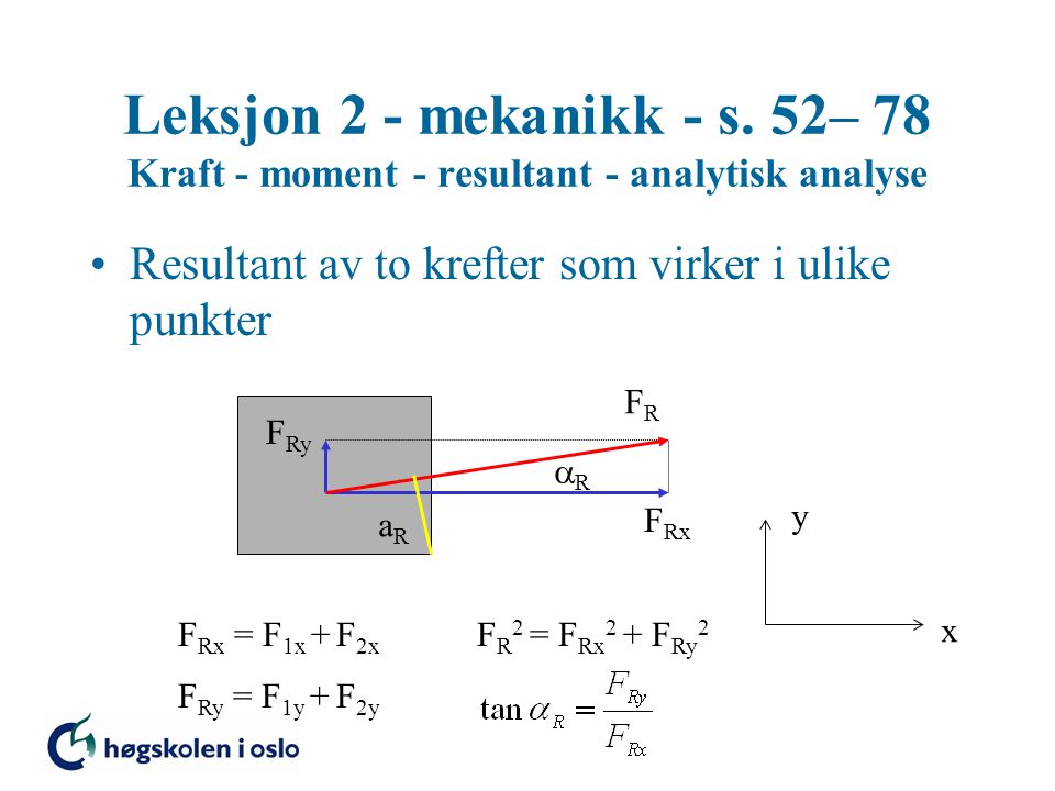 Leksjon 2 - mekanikk - s. 52– 78 Kraft - moment - resultant - analytisk analyse