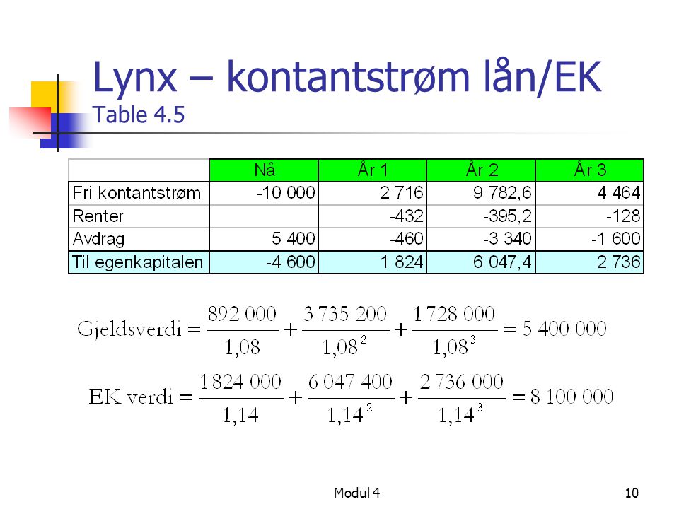 Lynx – kontantstrøm lån/EK Table 4.5