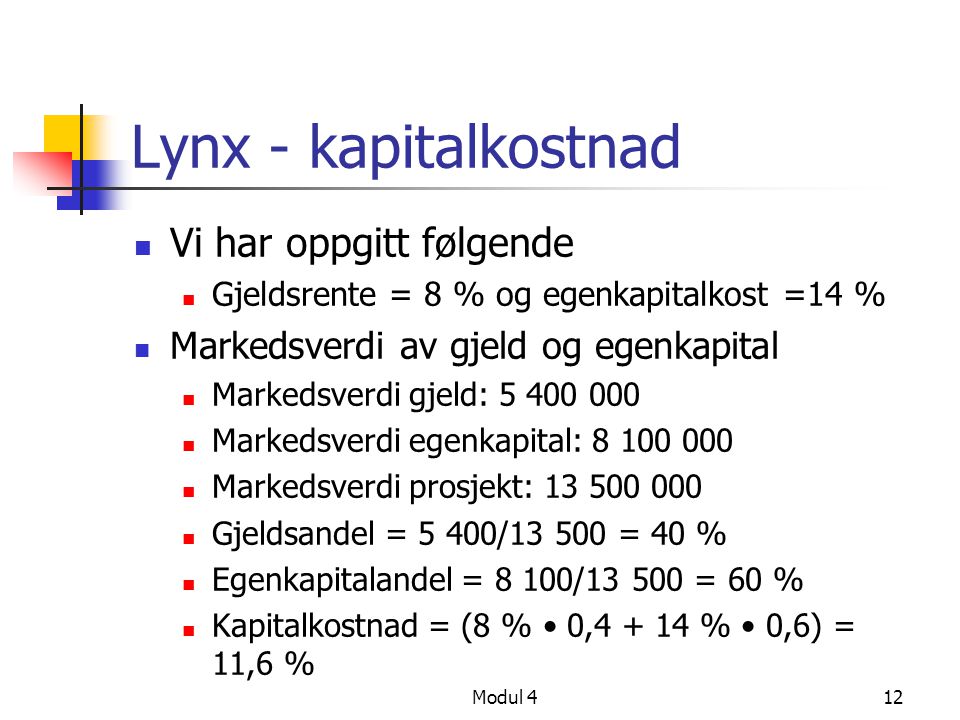 Lynx - kapitalkostnad Vi har oppgitt følgende