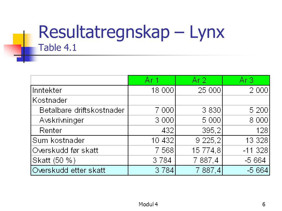 Resultatregnskap – Lynx Table 4.1