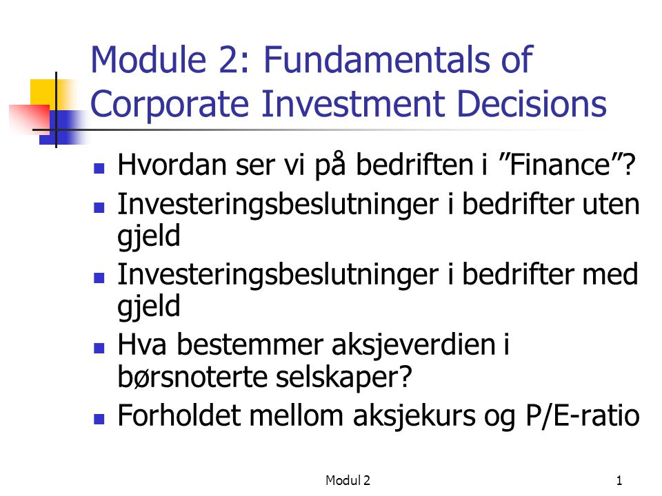 Module 2: Fundamentals of Corporate Investment Decisions