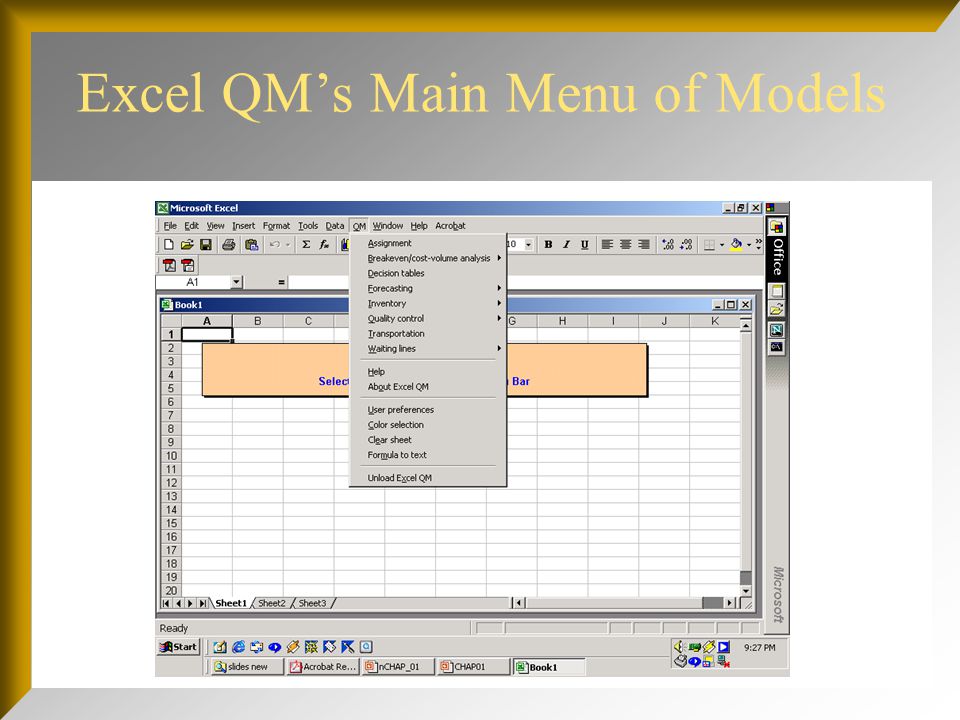 Excel QM’s Main Menu of Models