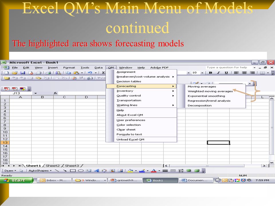 Excel QM’s Main Menu of Models continued