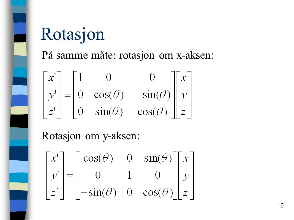 Rotasjon På samme måte: rotasjon om x-aksen: Rotasjon om y-aksen:
